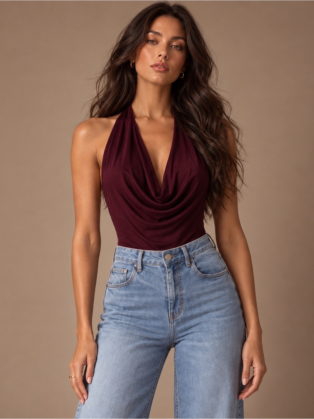 Draped Halter Neck Tank Top - Burgundy